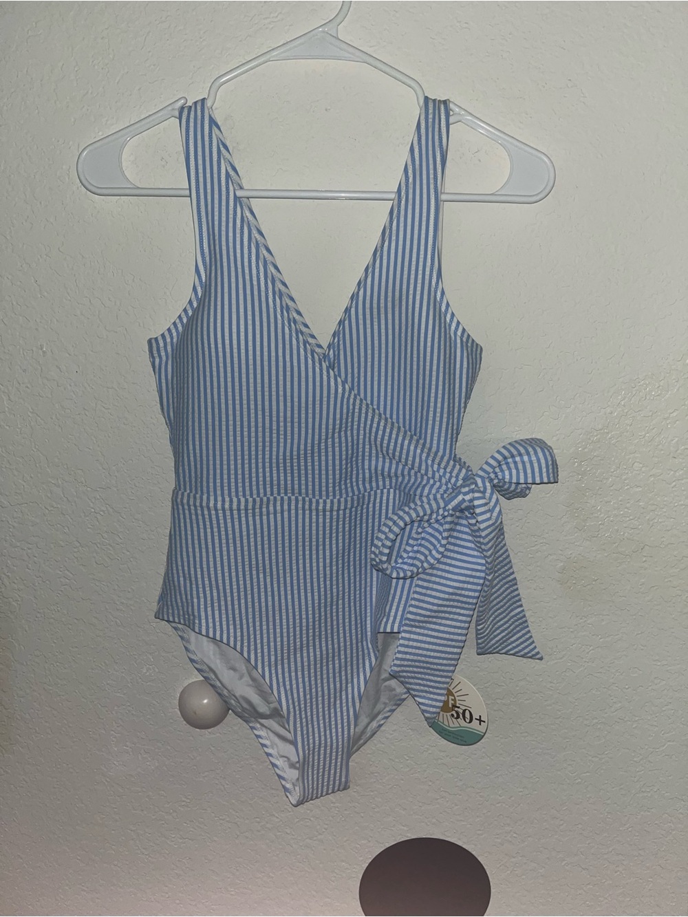 Caden Lane blue and white seersucker cross-cross one-piece swimsuit-Brand New!